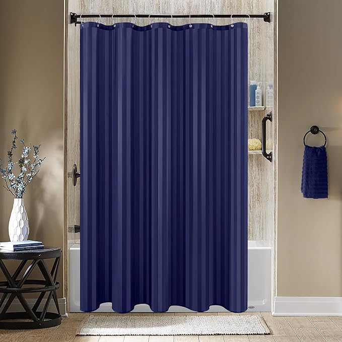 Biscaynebay Fabric Shower Curtain or Liner 72" by 72", Navy Water Repellent Damask Stripes Bathroom Curtains Machine Washable