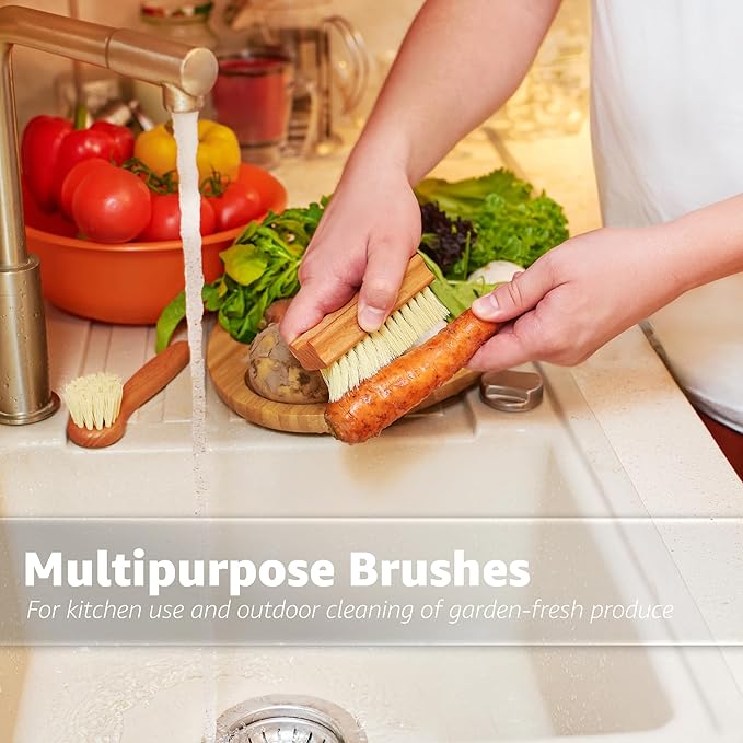 Vegetable Brush Set of 2 - Fruit and Vegetable Brush Scrubber for Food, Potato Scrubber, Mushroom Brush with Comfortable Wooden Handle, Veggie Brush for Carrots, Natural Produce Cleaning Brush