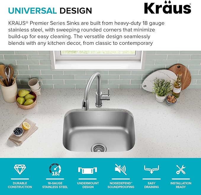 Kraus 23 Inch Stainless Steel Kitchen Sink, Durable 18 Gauge Single Bowl Kitchen Sinks Undermount, KBU12