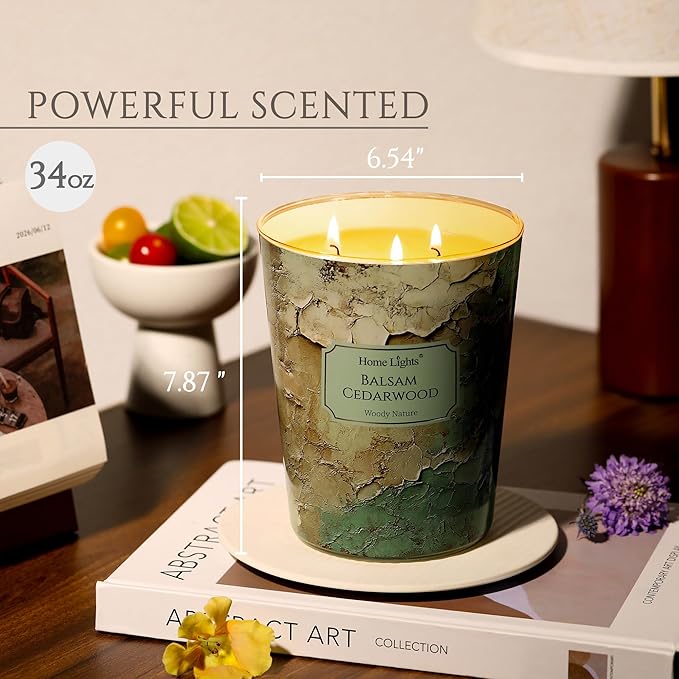 HomeLights Scented Candles | Large Jar 34 Oz Natural Soy Candle | 130 hrs Long-Lasting with 3 Wicks | Industrial Chic for Home Decor | Gifts for Mom & Women, Balsam Cedarwood