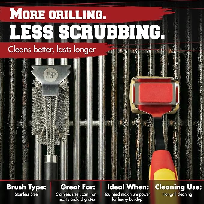 KITCHEN PERFECTION GrillSaver - Safe BBQ Grill Brush with Replaceable Cleaning Head - Heavy-Duty Grill Cleaner with Scraper, Magnetic Hanger, Bottle Opener -Powerful Cleaning Tool for All Grill Grates