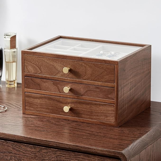 Homruilink Black Walnut Wooden Jewelry Box Women large 3 Layer Drawer Organizer Box with Glass Lid for Necklaces, Watch, Necklace, Ring, Earring Storage - Christmas Gifts