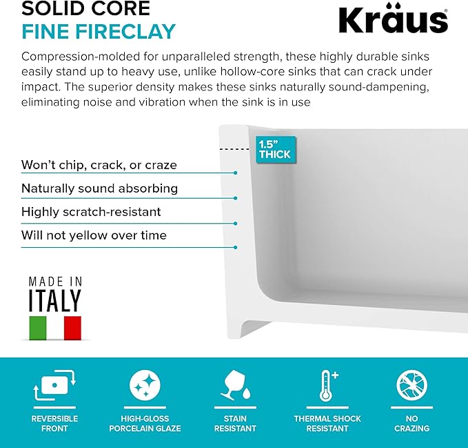 KRAUS Turino 33-inch Farmhouse Reversible Apron Front Fireclay Single Bowl Kitchen Sink in Matte White, KFR1-33MWH