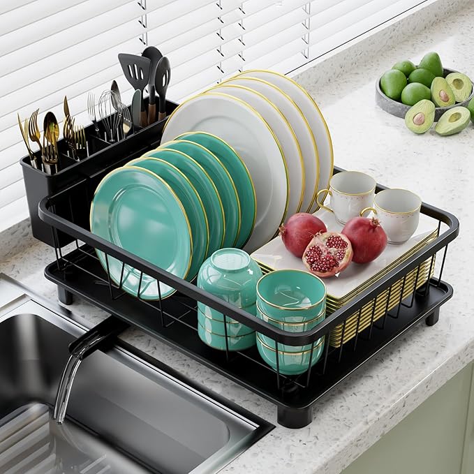Hiviweer Dish Drying Rack - Space-Saving Dish Rack,Dish Racks for Kitchen Counter with Drainboard, Rustproof Dish Drainer with a Removable 4-Compartment Utensil Holder,Black