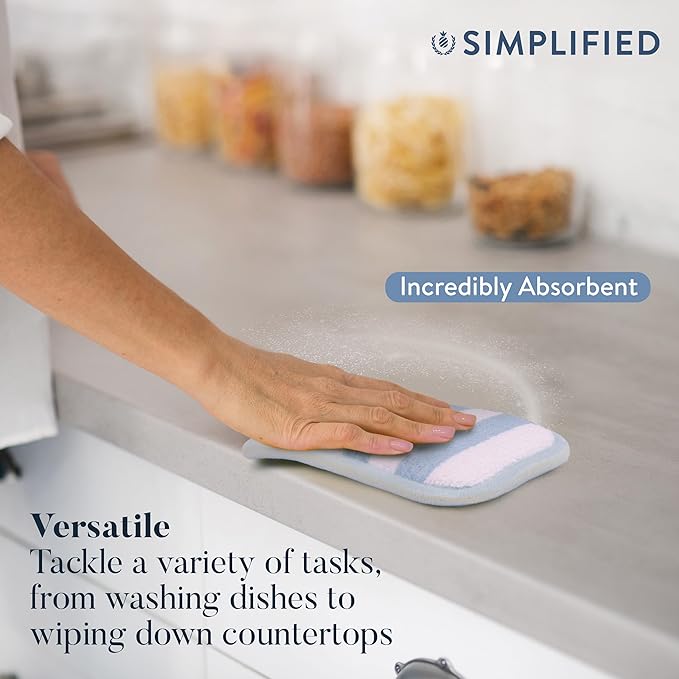 Simplified 5-Pack Scrub & Wipe 2-in-1 Dishwashing Sponges - Non-Abrasive Cleaning Sponges, Double-Sided - Safe for Dishes, Non-Stick Pans or Glassware, Absorbent Dish Sponges, Blue Stripe