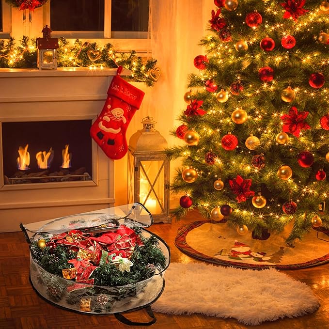 Hedume 2 Pack Wreath Storage Bag, 30" X 8" Clear Everyday Bag, Christmas Wreath Storage Container with Dual Zippered and Reinforced Handle for Holiday Seasonal Wreath Garland