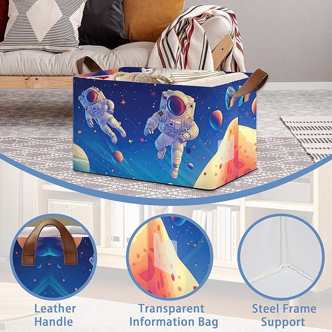 Astronaut Collapsible Storage Box,Planet Organizer Bin with Handles for Room Decoration,Bins Book Basket Box 17x11.5x10Inch