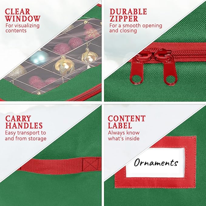 HOLDN’ STORAGE Christmas Ornament Storage Box with Dividers - Fits 72-3” Ornaments, 3 Removable Trays, Durable & Space-Saving, Clear Top Lid, Convenient Storage Designed, Green