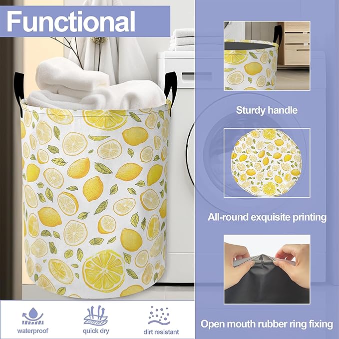 Yellow Lemon Laundry Hamper Large Canvas Fabric Lightweight Storage Basket/Dirty Clothes Collapsible Waterproof for College Dorms, Boys and Girls Bedroom,Bathroom