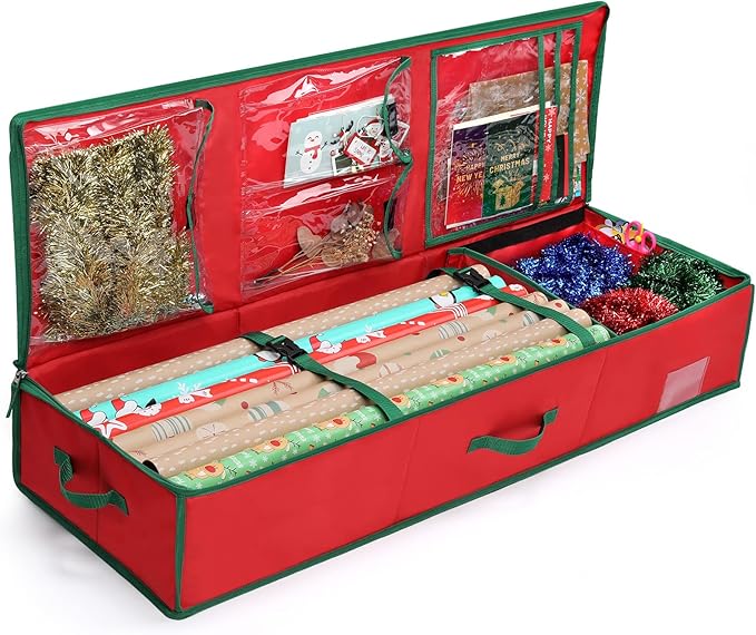 MaidMAX Christmas Wrapping Paper Storage Bag, 42 inch Gift Wrap Organizer Underbed Storage Box Container 600d Oxford Fabric Wrapping Paper Holder for Storing Rolls, Ribbons, Bows 42L x 14W x 5.5H