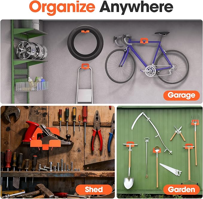 Weedeater Rack, Garage Organization Wall Hangers, Garden Tool Organizer Metal Trimmer Rack, Heavy Duty Hooks for Grass Trimmer, Hedge Trimmer, Garage Tools Storage, Orange 2-Pack
