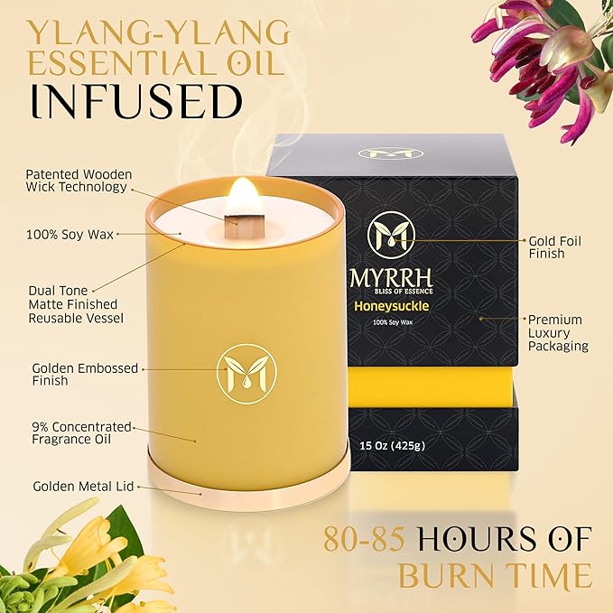 MyrrhUSA Honeysuckle Scented Candle – 15 oz Natural Soy Wax with Crackling Wooden Wick & Essential Oils | 80 Hour Burn | Luxury Aromatherapy Candle for Relaxation, Home Décor, Living Room & Bathroom