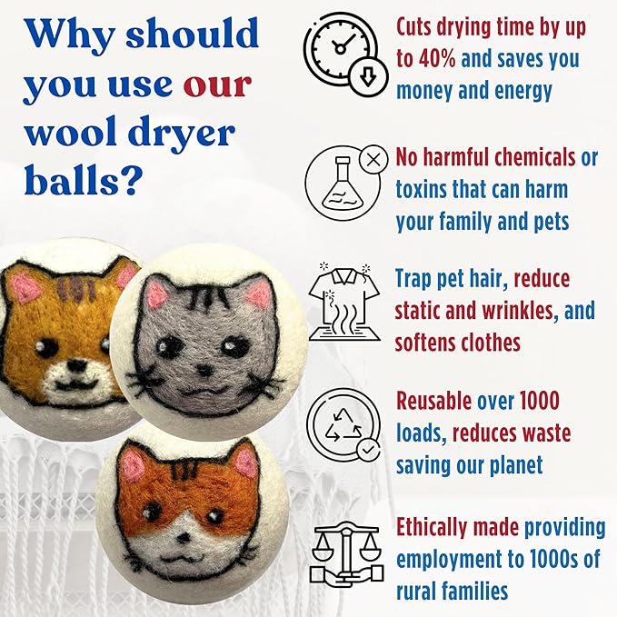 Wool Dryer Balls – 6 XL Organic Wool Balls, Reusable Natural Fabric Softener, Reduce Drying Time, Wrinkles, Static & Laundry Clumping, Eco-Friendly Laundry Balls