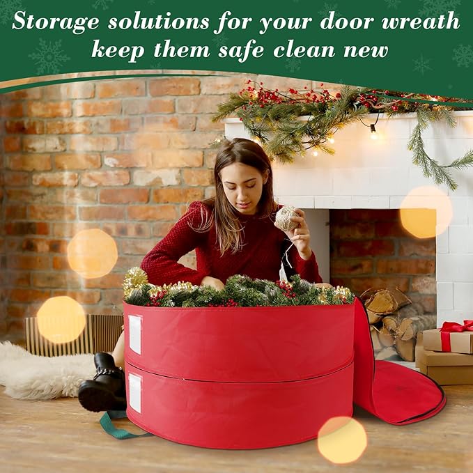 Wreath Storage Container， 2 Park Stacking Christmas Wreath Storage Bags with Dual Zipper and Handles, Dust, Pest Protection,Holiday Wreaths Storage Holder 36” (RED)