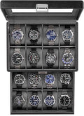 ProCase Watch Box for Men, Jewelry Organizer Box with Drawer, Display Storage Case with Glass Lid -Black, 16 Slot