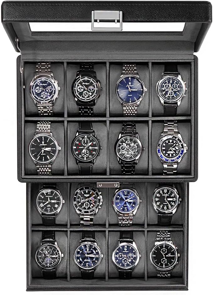 ProCase Watch Box for Men, Jewelry Organizer Box with Drawer, Display Storage Case with Glass Lid -Black, 16 Slot