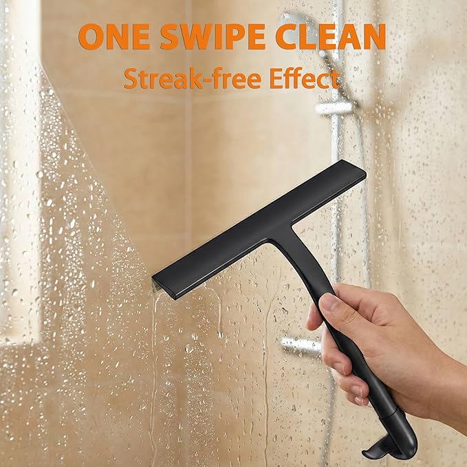 Shower Squeegee for Glass Doors, Hang Anywhere Silicone Shower Squeegee with Hook Design for Easy Hanging and Cleaning (Black)