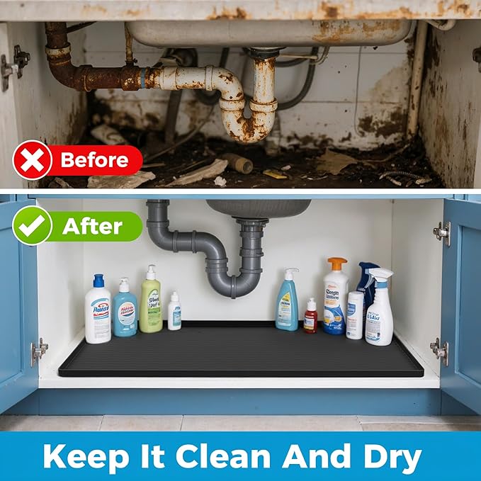 URMONA 22'' x 14'' Waterproof Silicone Under Sink Mat Cabinet and Counter Protector, Shelf Liner for Kitchen and Bathroom, Storage and Organizers, Litter Mat, Pet Cat Puppy Essentials（Charcoal）