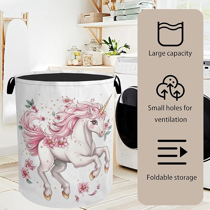 Unicorn Pink Foldable Canvas Laundry Basket with Handles - Toy Organizer, Heavy Duty for Home，Bedroom, Dorm, Bathroom