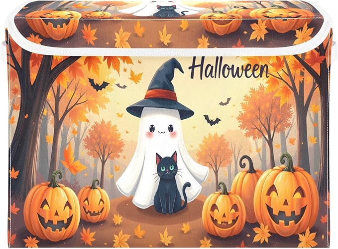 Bolaz Storage Bins with Lids and Handles,Maple Leaves Ghost Pumpkin Storage Box Basket with Cover Collapsible Organizer Containers for Home Closet, Shelves
