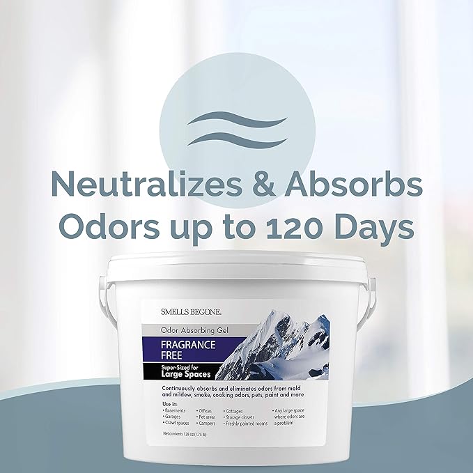 SMELLS BEGONE 1-Gallon Gel Odor Eliminator – High-Capacity, Long-Lasting Odor Absorber for Large Spaces, Basements, Garages, Workshops & Commercial Areas – Removes Tough Odors Quickly (Fragrance Free)