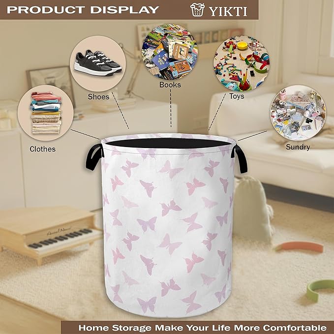Collapsible Laundry Basket,Pink Butterfly Dirty Clothes Hamper,Girls Hampers for Bedroom Waterproof Oxford Cloth Storage Organizer for Bathroom,Nursery,Dorm,16x20 Inch