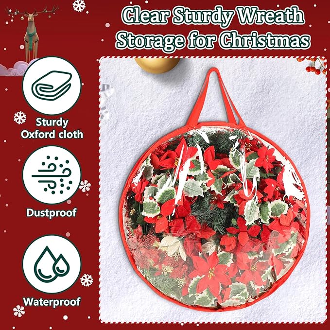 4 Pcs Christmas Wreath Storage Bag, 24 Inch Clear Red Edging Xmas Wreath Storage Container, Garland Holiday Artificial Wreath Storage Holder, Water Proof Transparent PVC with Handles