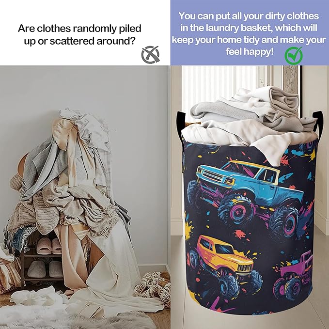 Colorful Trucks Laundry Hamper Large Canvas Fabric Lightweight Storage Basket/Dirty Clothes Collapsible Waterproof for College Dorms, Boys and Girls Bedroom,Bathroom
