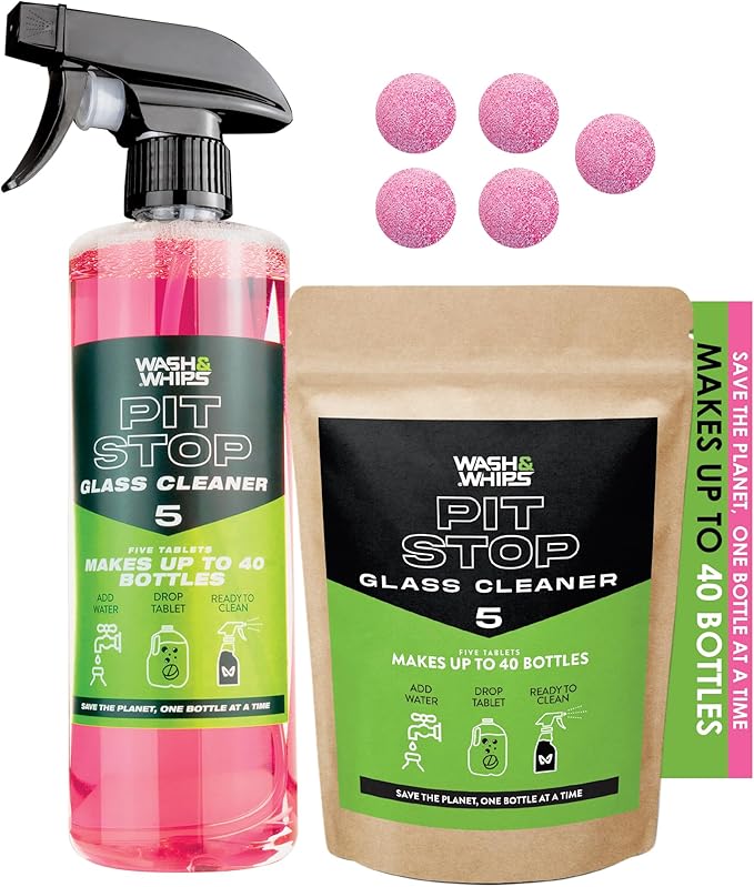 WASH&WHIPS Glass Cleaner Effervescent Tablets w/Empty 16 oz Spray Bottle (Makes 5 Gal/20L)