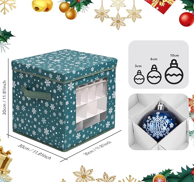 Christmas Ornament Storage Box, Green Snowflakes Christmas Ornament Boxes Storage, Fits 83 Christmas baubles 3cm-8cm, suitable for Holiday Ornaments - 600D Oxford Christmas Ornament Organizer