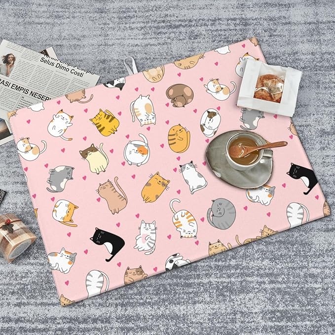 Cute Cat Dish Drying Mat for Kitchen Counter Cute Pink Kitchen Mat Microfiber Kitchen Countertop Absorbent Reversible Drainer Rack Pad Dish Drying Mat 18 x 24 Inch