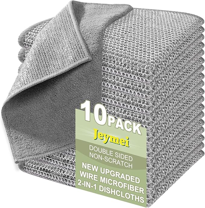Jeymei 10 Counts Multipurpose Wire Dishwashing Rag,Non Scratch Wire Dishcloth,Microfiber Miracle Cleaning Cloth with Mesh,Dual-Sided Steel Mesh Cloth for Pot,Metal Scrubber for Washing Dishes,Grey
