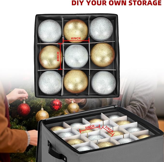 JY COOKMENT Christmas Ornament Storage Box with Adjustable Dividers, Premium Holiday Ornaments Storage Container Bin with Zippered Top for Xmas Decorations (64-3" Balls, Gray, With Tray)