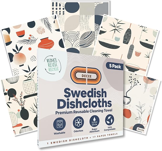 DECEE Swedish dishcloths (Pottery) 5-Pack, Reusable, Washable Cellulose Cotton Kitchen Cloths,Replace Paper Towels, Sponges, Dish Rags