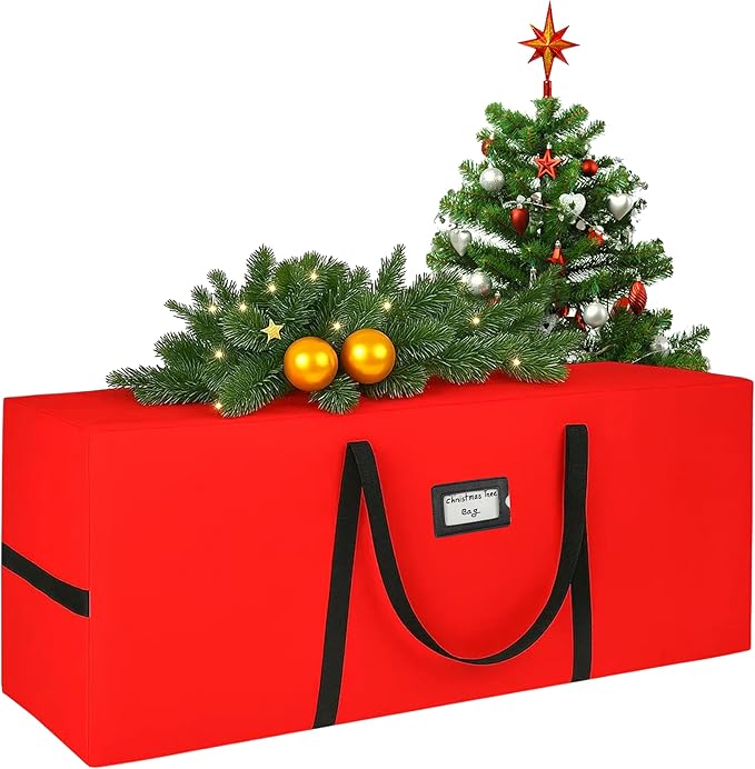 QUENTRO Heavy Duty Christmas Tree Storage Bag - Fits Up to 9ft Tall - Waterproof 600D Polyester Xmas Tree Bag with Reinforced Handles & Secure Zipper – Foldable Durable Holiday Storage Solution (Red)