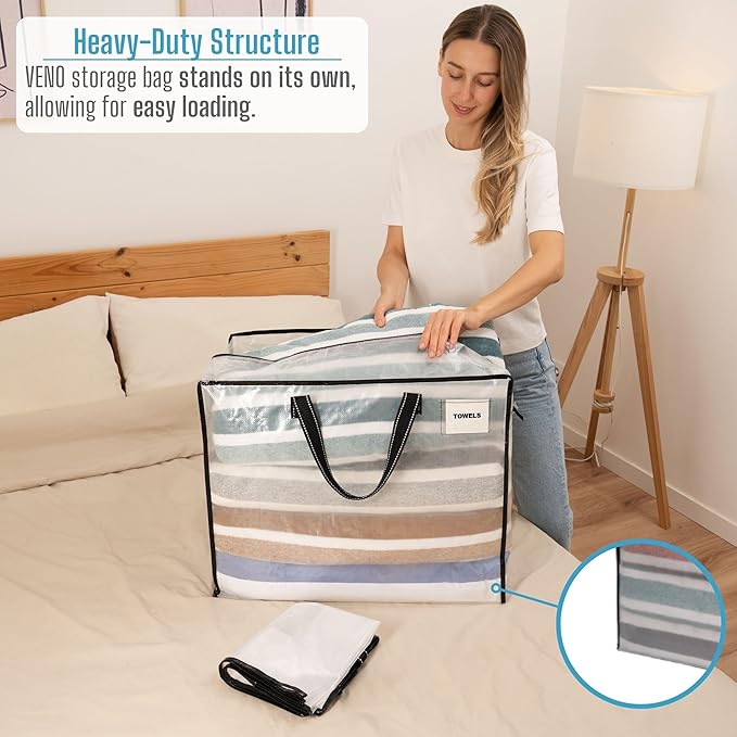 VENO 4 Pack Moving Bags, Christmas Storage Containers, Storage Totes, Zipper On Top, Sturdy, Storage Bags for Camping, Clothes, Bedding, Comforters, Pillows (22 Gallon Clear, 4 Pack)