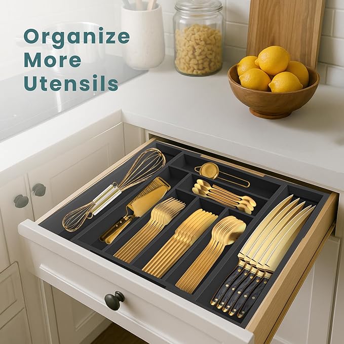 Sben Expandable Drawer Organizer for Utensils Holder, Adjustable Cutlery Tray, 6-8 Slots, Premium Wood Drawer Dividers Organizer for Silverware, Flatware, Knives for Kitchen (Black)
