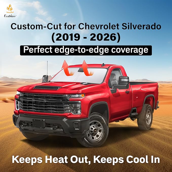Econour Windshield Sun Shade for 2019-2026 Chevrolet/Chevy Silverado 1500 Accessories Truck (Extended Cab) Sunshade Window Sun Visor Protector Foldable Blocks UV Rays Keep Your Car Cooler
