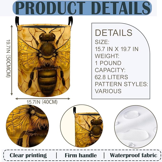 Bee Laundry Basket Hamper 19.7"x15.8", Honey Bee Foldable Waterproof Oxford Clothes Storage Bucket for Room Bathroom Bedroom Nursery Decor, Toy Organizer Bins Gifts for Kids Boys Girls