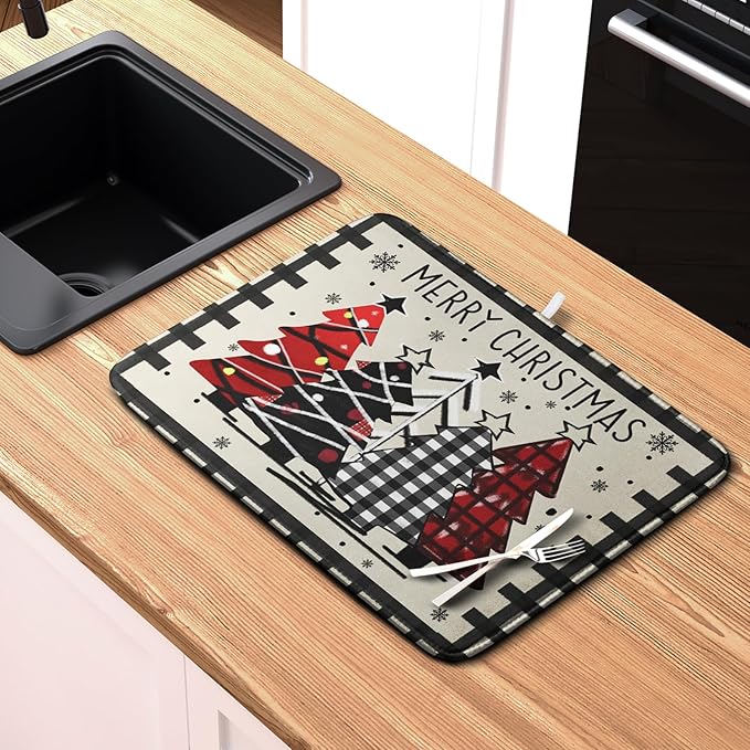 Kwlegh Christmas Trees Kitchen Dish Drying Mat 18x24 Inch Merry Christmas Black White Buffalo Plaid Dish Drainer Mat Absorbent Reversible Microfibe Drying Dish Pad for Winter Kitchen Counter Decor