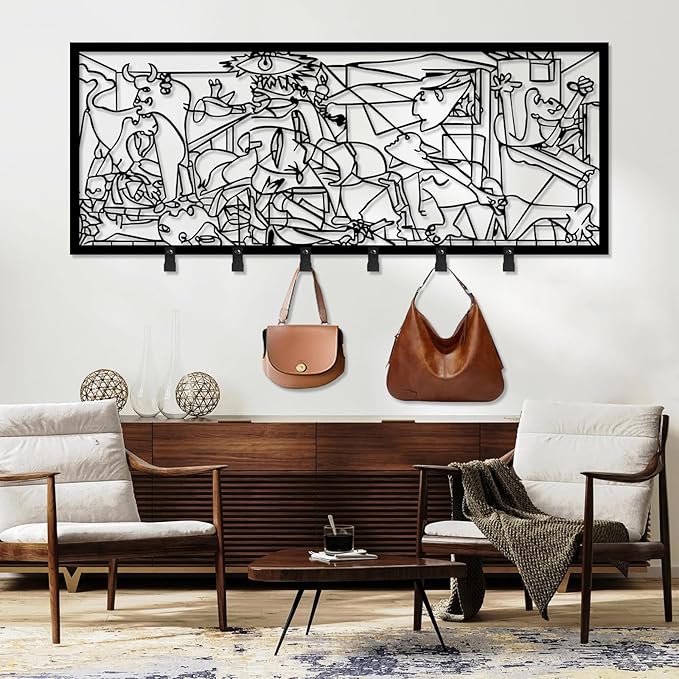 Picasso Guernica Metal Wall Coat Rack, Picasso Guernica Coat Rack Wall Mount, Abstract Hat Rack for Wall, Abstract Metal Wall Mount, Home Storage Hooks (Black, 12"X30"|30x76cm)