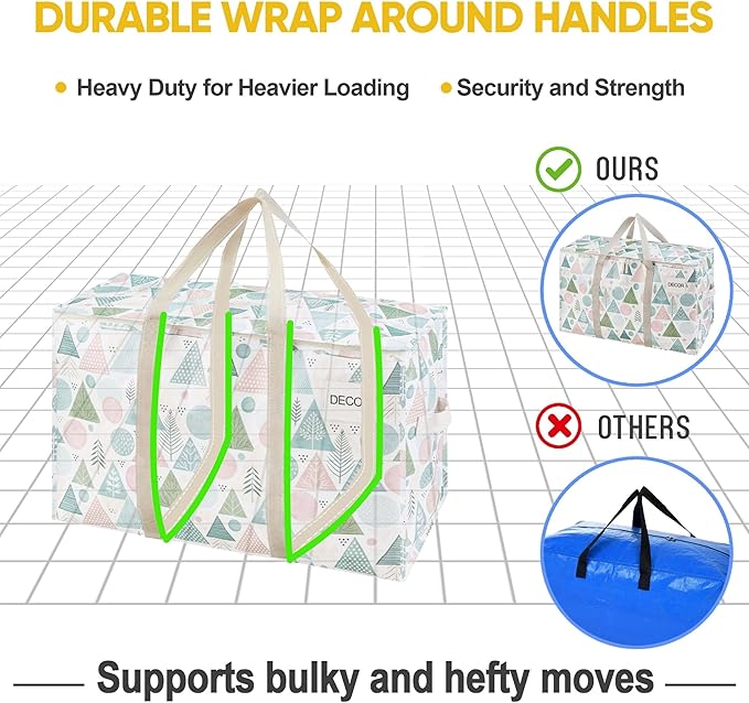 VENO 4 Pack Moving Bags and Large Christmas Storage Bins with lids. Alternative to Moving Boxes, Packing Supplies for College. Extra Large Heavy Duty Totes for Packaging (Pastel Forest, 4 Pack)