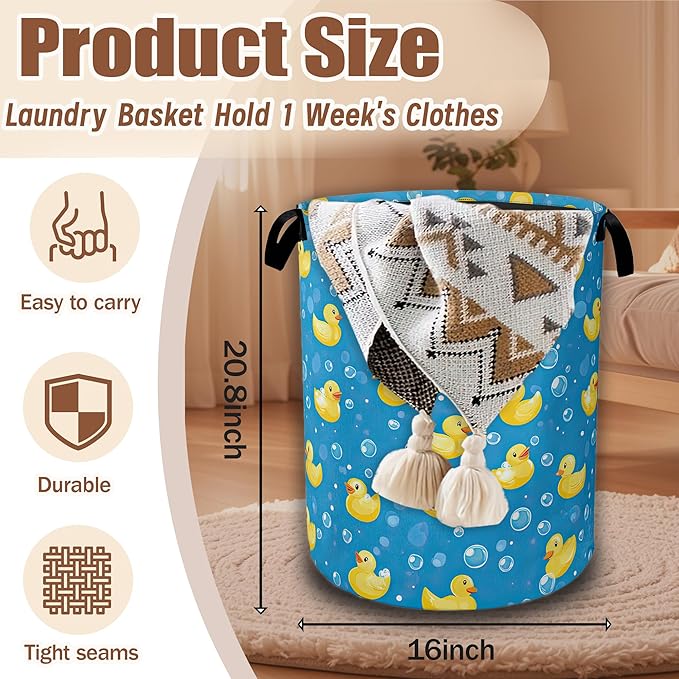 Laundry Hamper,Funny Yellow Duck Laundry Baskets,Waterproof Oxford Cloth Toy Storage for Bedroom,Bathroom,Nursery,16x20.8 Inch
