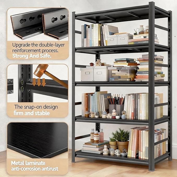 Notmise Book Shelf, 5 Tier Bookshelf, Modern Tall Bookcase for Garage Kit, CDs, Movies, Industrial Corner Storage Shelves for Bedroom Home Office Kitchen Living Room, Black