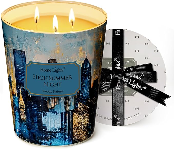 HomeLights Scented Candles | Large Jar 34 Oz Natural Soy Candle | 130 hrs Long-Lasting with 3 Wicks | Industrial Chic Home Decor | Gifts for Mom & Women, High Summer Night