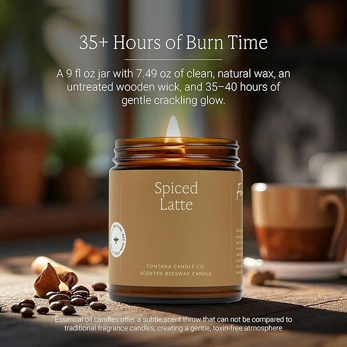 Fontana Candle Co Wood Wick Beeswax Jar Candles, Spiced Latte - Made with Coconut Oil & Pure Essential Oils – Clean Burn, Long Lasting and Non-Toxic Candles for Home & Room Decor