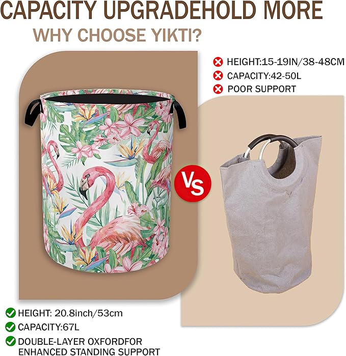 Watercolor Flamingo Laundry Hamper,Tropical Flower Leaves Clothes Hamper for Laundry,Waterproof Oxford Toy Storage Collapsible Hampers for Bedroom, Dorm Room,Bathroom,16x20 Inch