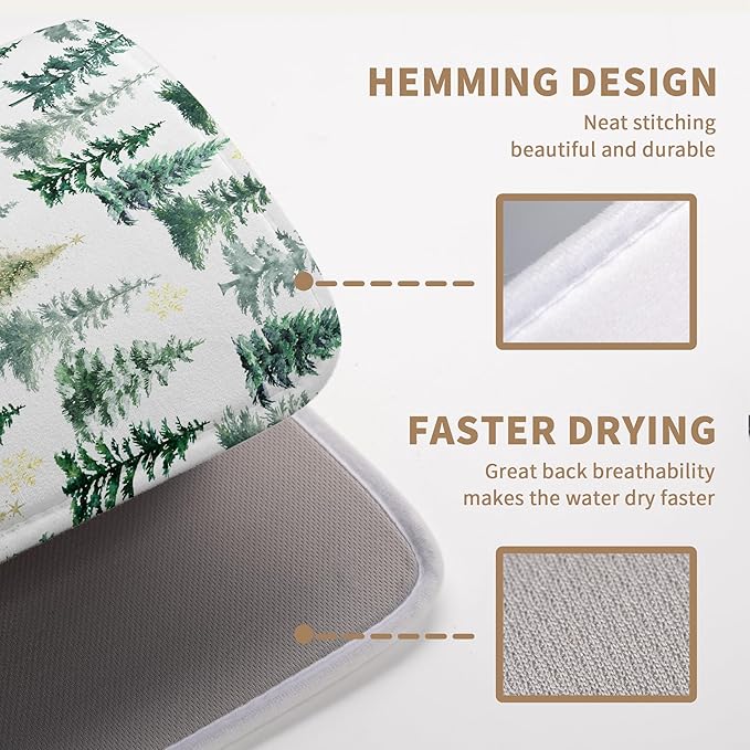 Christmas Trees Dish Drying Mat 18x24 Inch Large Size Winter Dish Dry Mats Microfiber Snowflake Absorbent Drying Pad for Kitchen Counter Forest Kitchen Decor Coffee Bar