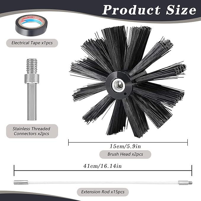 Chimney Sweep Kit Chimney Brush Kit Chimney Cleaning Kit, 20FT Dryer Vent Cleaner Kit Duct Cleaning Tools, Dryer Vent Cleaning Kit Fireplace Chimney Brushes-15pcs Flexible Rods, 2pcs 6in Chimney Brush