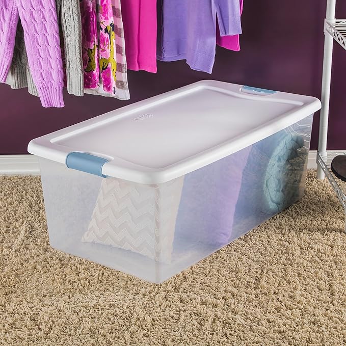 Sterilite 24-Pack Latching Box, Under Bed Storage Bins with Lids, Clear Plastic, 106 Quart - Heavy-Duty Organizing Containers for Closet, Bathroom, and Office